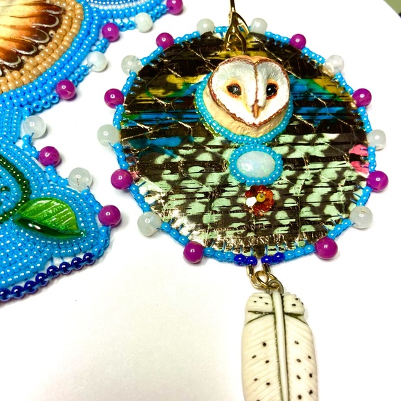 Beaded Beadwork Owl Necklace Earrings jewelry Set Opal Gemstone Bead Embroidery - Picture 5 of 10
